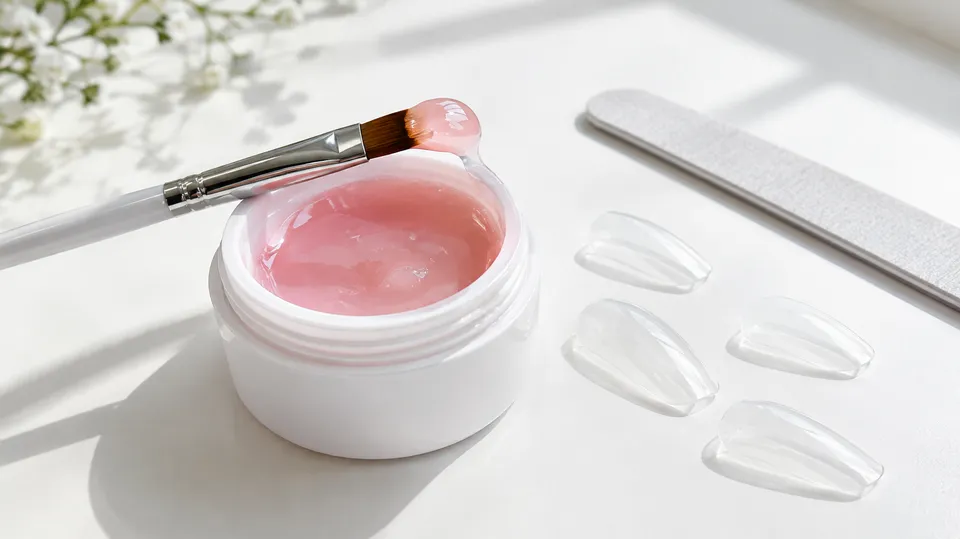 Åben krukke med tyk, gennemsigtig lyserød builder gel og en flad pensel med gel på spidsen