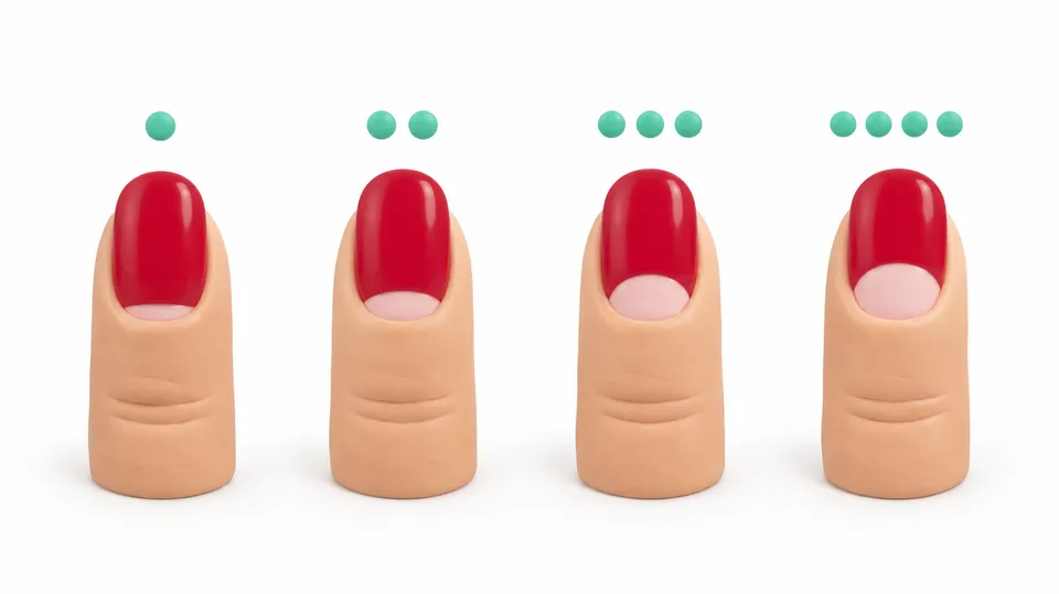 Illustration af fire fingerspidser med rød gel, hvor den ubehandlede del ved neglebåndet bliver større fra venstre mod højre