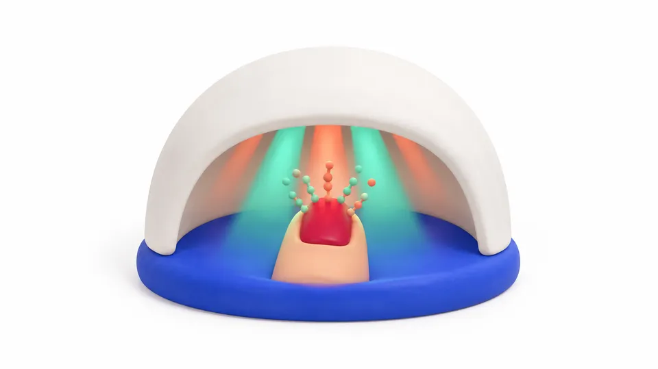 Illustration af en kuppelformet lampe, hvor lys falder ned på en negl med rød gel, og små kugler kæder sig sammen, når gelen hærder